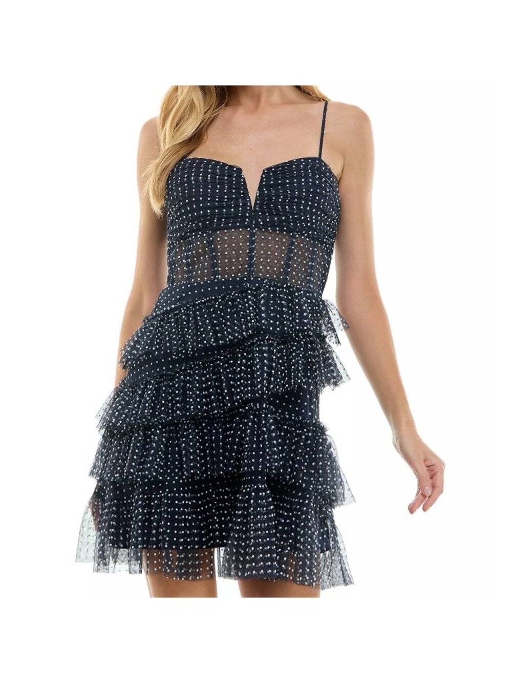 City Studio Juniors Polka Dot Print Tiered Mesh Party Blue Size Small NWT
